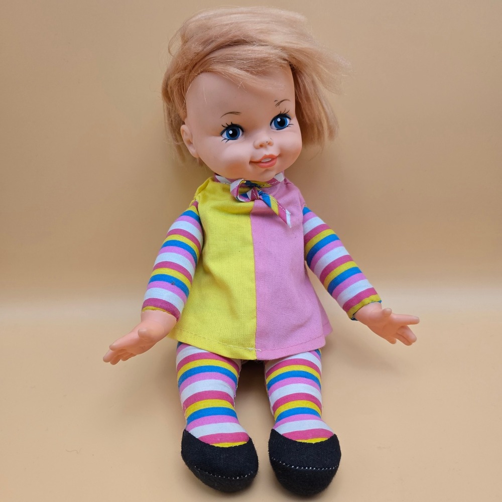 Vintage 1970 Amco Industries Inc Doll Blonde Blue Eyes Rainbow Striped 12 Inch